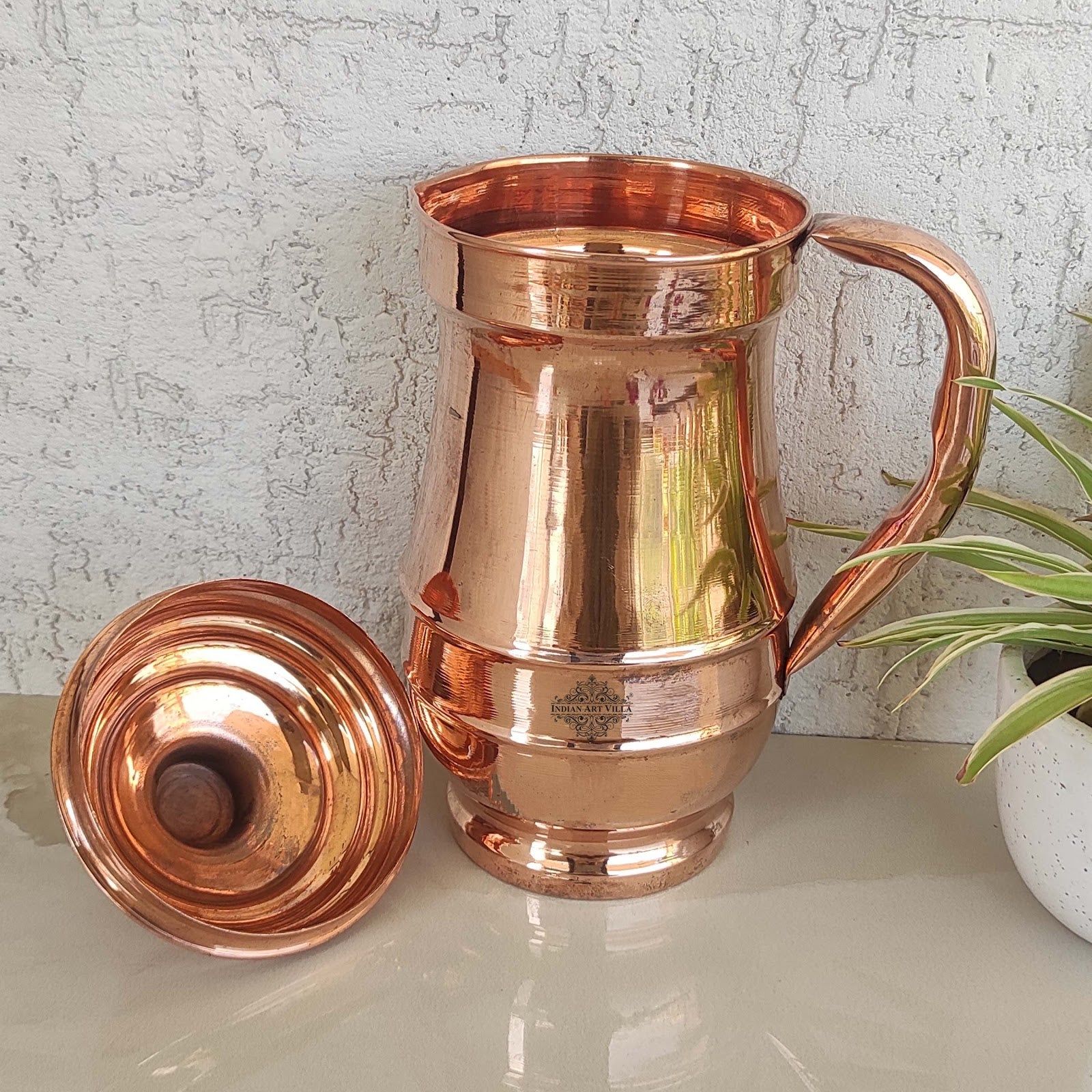 Pure copper plain maharaja style jug with lid, 1280 ML